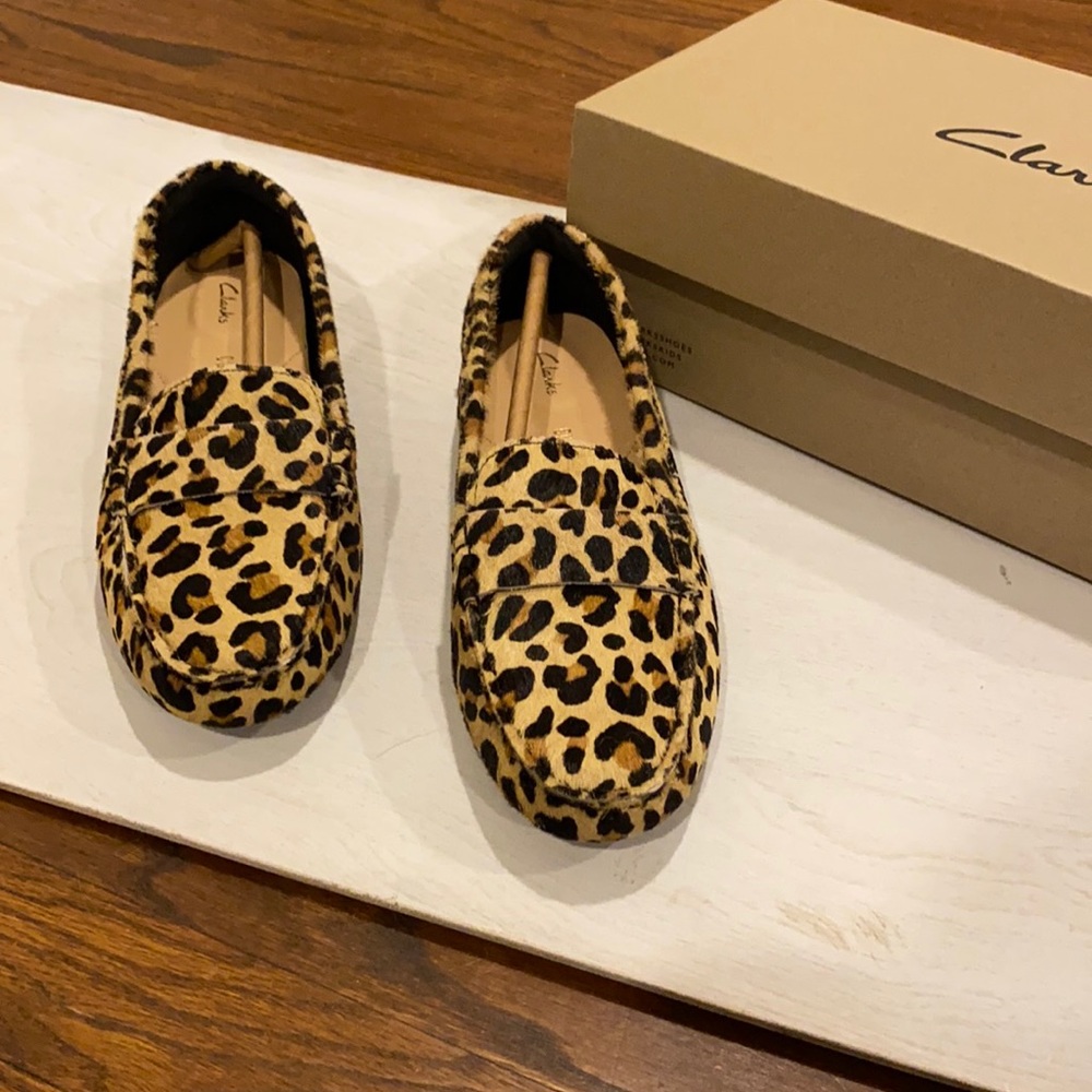 Clarks cheetah loafers.